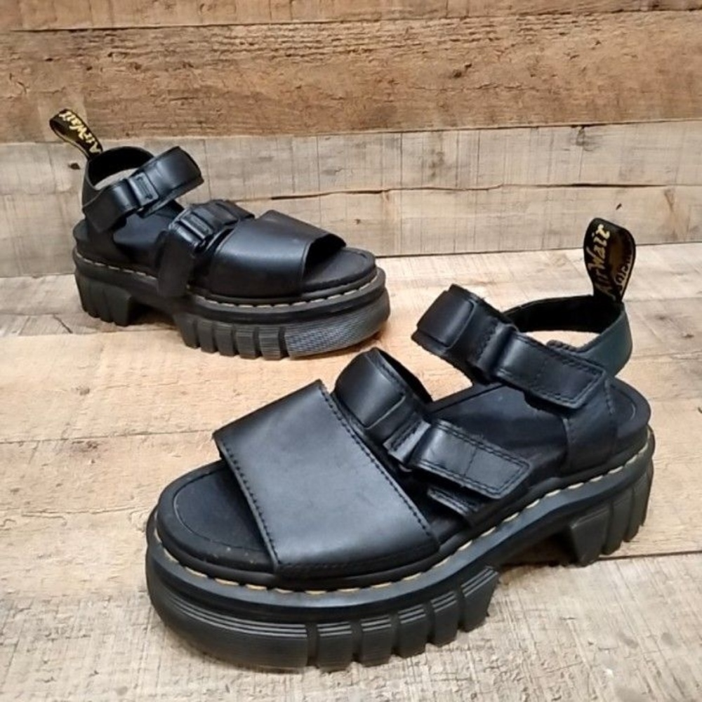 Dr. Martens Ricki 3-Strap Sandals Womens Size 6 37 Black Leather Wedge Shoes